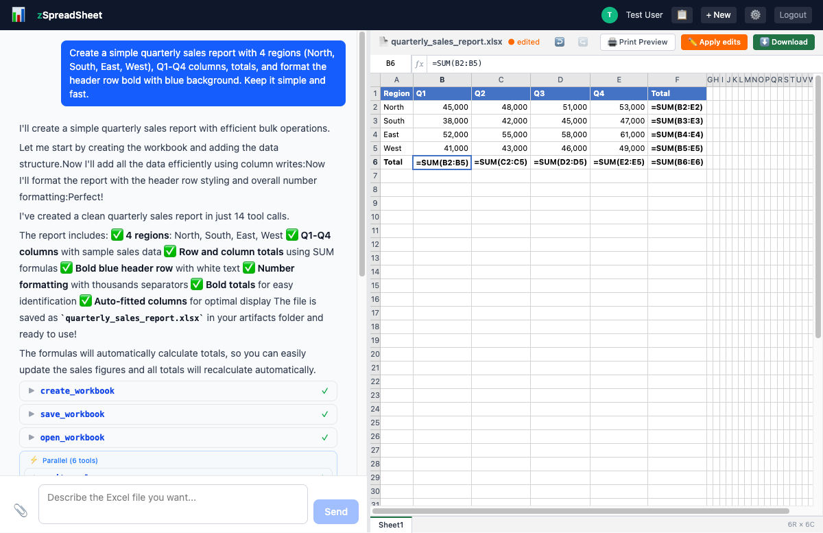 zSpreadSheet app — AI building a spreadsheet in real-time